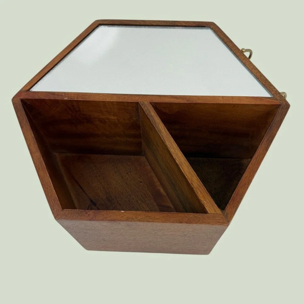 Hexagon Wood Wall Shelf with Mirror and Brass Hooks Geometric Entryway Decor
